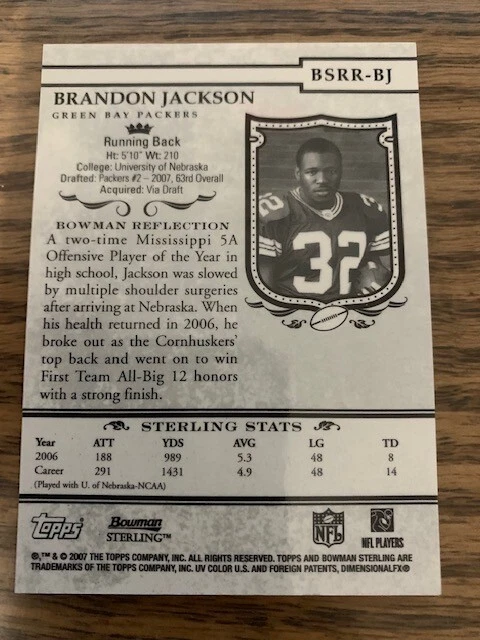 2007 Brandon Jackson Bowman Sterling Game Worn Rookie Jersey Relic - Image 2 of 2