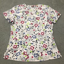 Dickies Scrub Top Womens M Multicolor Squares Spots V Neck Stretch DK616