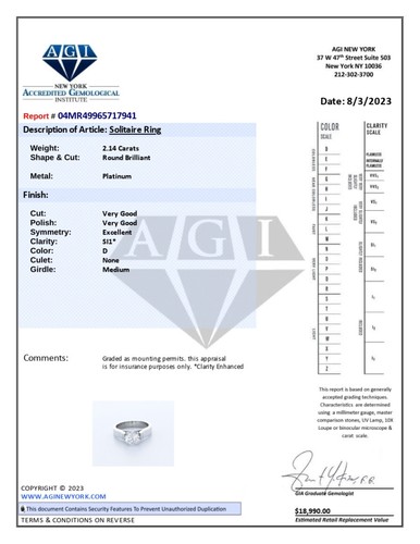 ANILLO SOLITARIO CLÁSICO DE CUATRO PUNTAS PLATINO CORTE REDONDO D/SI1 DIAMANTE NATURAL 2,1 QUILATES - Imagen 5 de 7