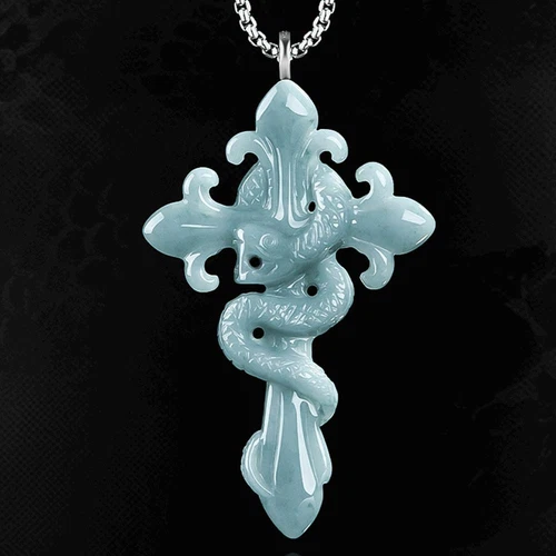 VETEMENTS Collana con ciondolo croce serpente zodiaco giadeite giada birmania naturale blu certificato