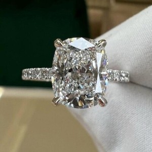 Authentic 4.87 TCW Elongated Cushion Cut Moissanite Engagement Ring 14K White Gold Plated