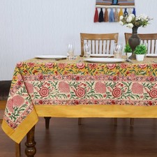 Yellow and Pink Indian Hand Block Printed Tablecloth, Floral Table Cover,Gifts