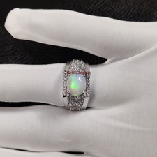 Natürlich Feuer Opal & Cz Mit 14K Weiß Vergoldet Silber Ring für Herren #557