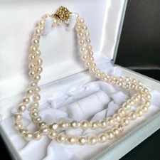 Long 87.5cm Akoya Pearl Necklace White Baroque 7.4mm Clasp Two Strand Authentic