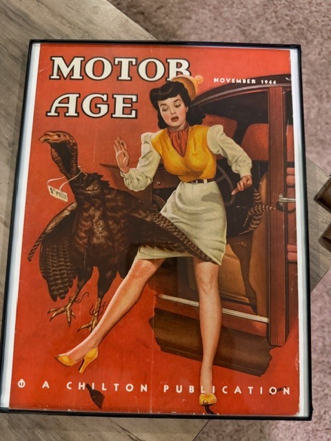 motor age magazine add november 1944 woman , turkey and car framed great colors