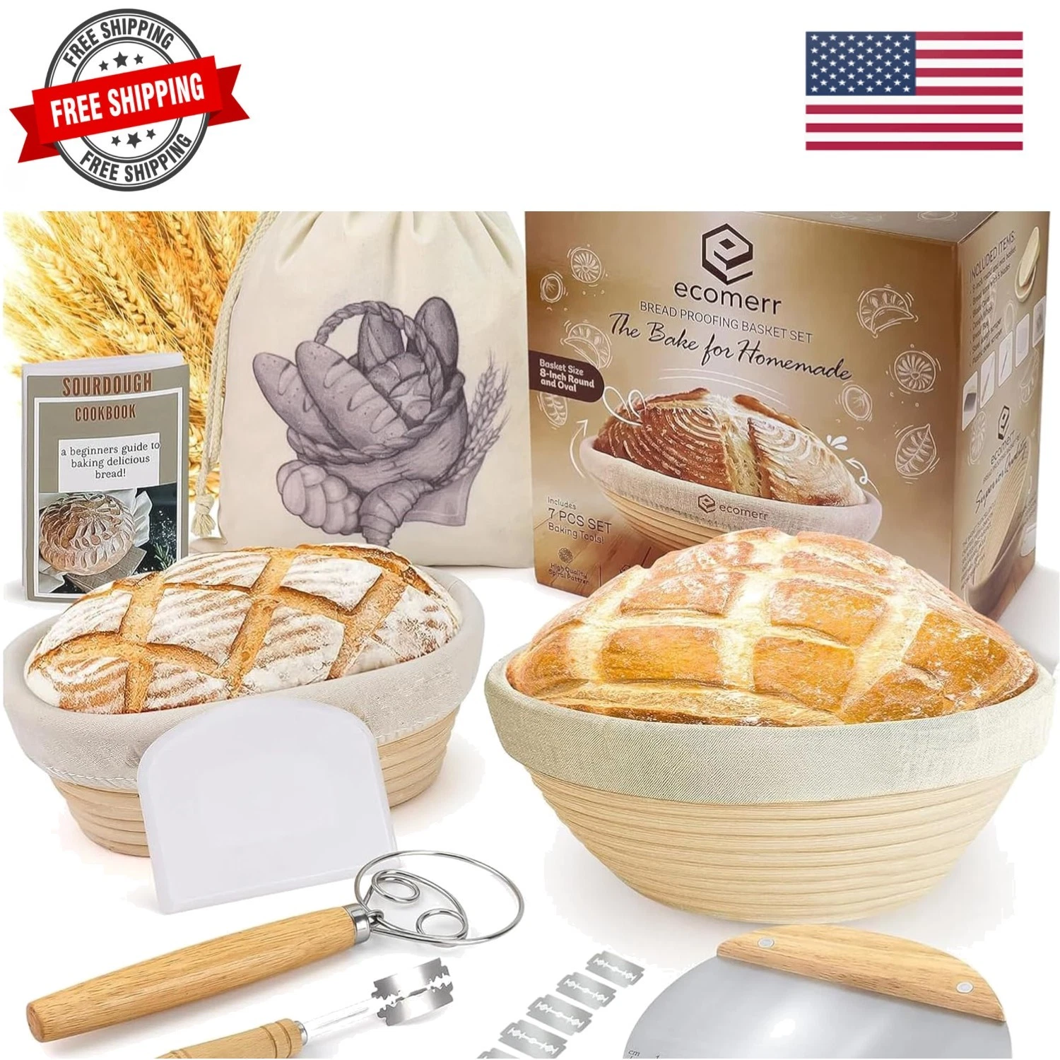 9" Banneton Bread Proofing Basket Set of 2 – Round & Oval Rattan, Sourdough S...