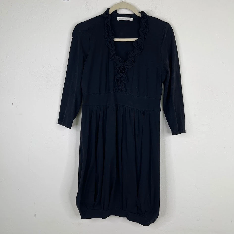 Vestido Anne Fontaine Pima Algodón Burbuja Dobladillo Volantes Negro Minimalista Trabajo Talla 40 Foto 2 de 4