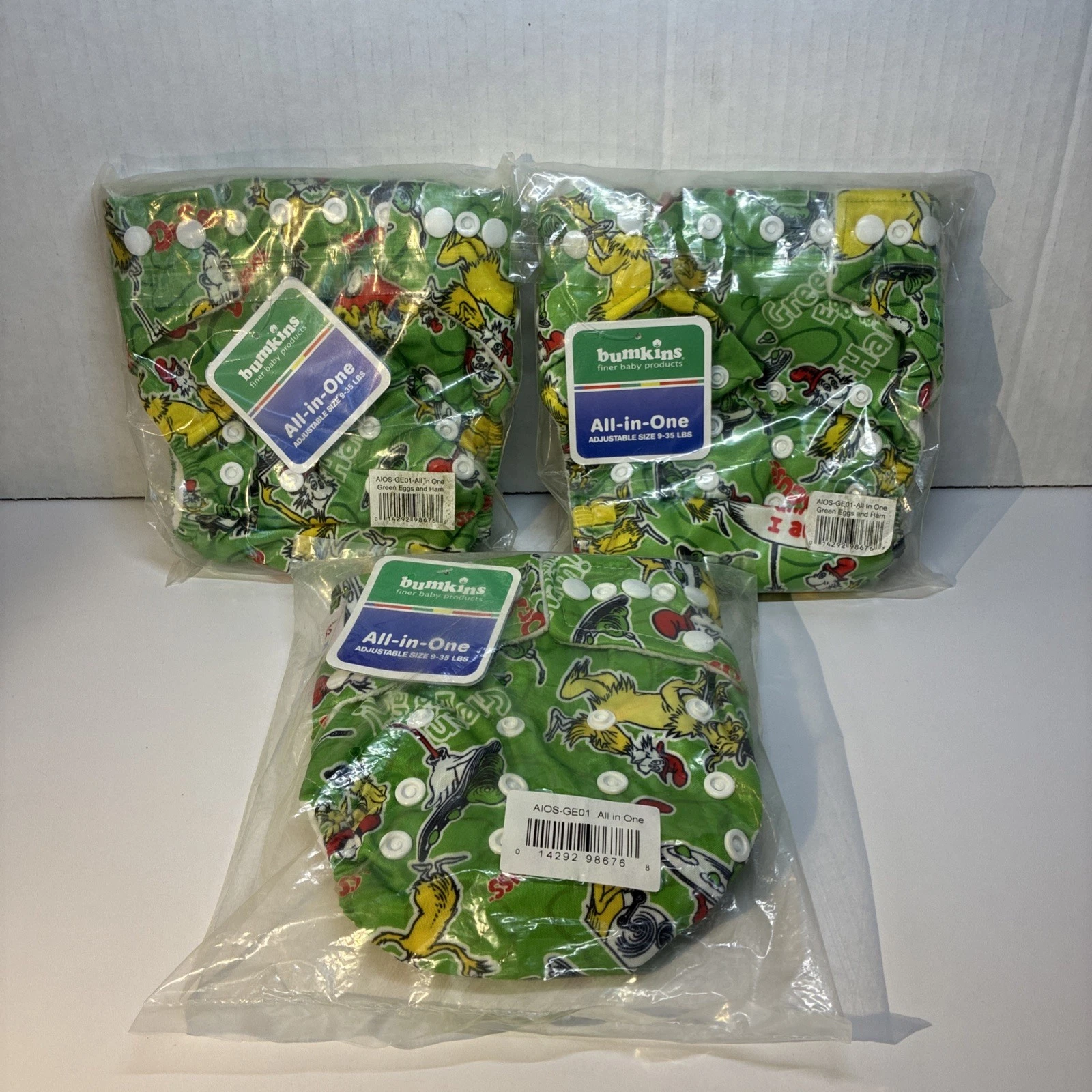 Bumkins Dr Seuss Green Eggs and Ham All In One Cloth Diaper NWT Sealed LOT OF 3