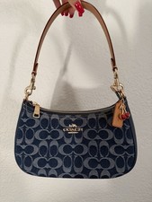 Coach Teri Shoulder Bag Denim Signature Monogram Blue Gold Hardware Cherry Charm