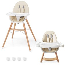 Baby High Chair Wooden Feeding Chair w/ 4-Gear Tray Removable Cushion Beige