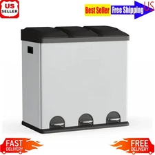 3-Compartment Kitchen Trash Can Step-on Stainless Steel Recycling Bin 16 Gal New