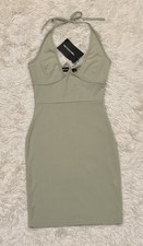 NEW PrettyLittleThing Sage Green Ribbed Halterneck Bodycon Dress Size US 4 Party