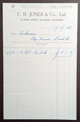1950 E. B. Jones & Co., Ltd. 33 High Street Blaenau Ffestiniog Rechnung