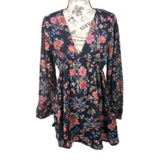 Francesca's Mi Ami S Woman's Mini Dress Babydoll Navy Floral Empire Waist Sheer