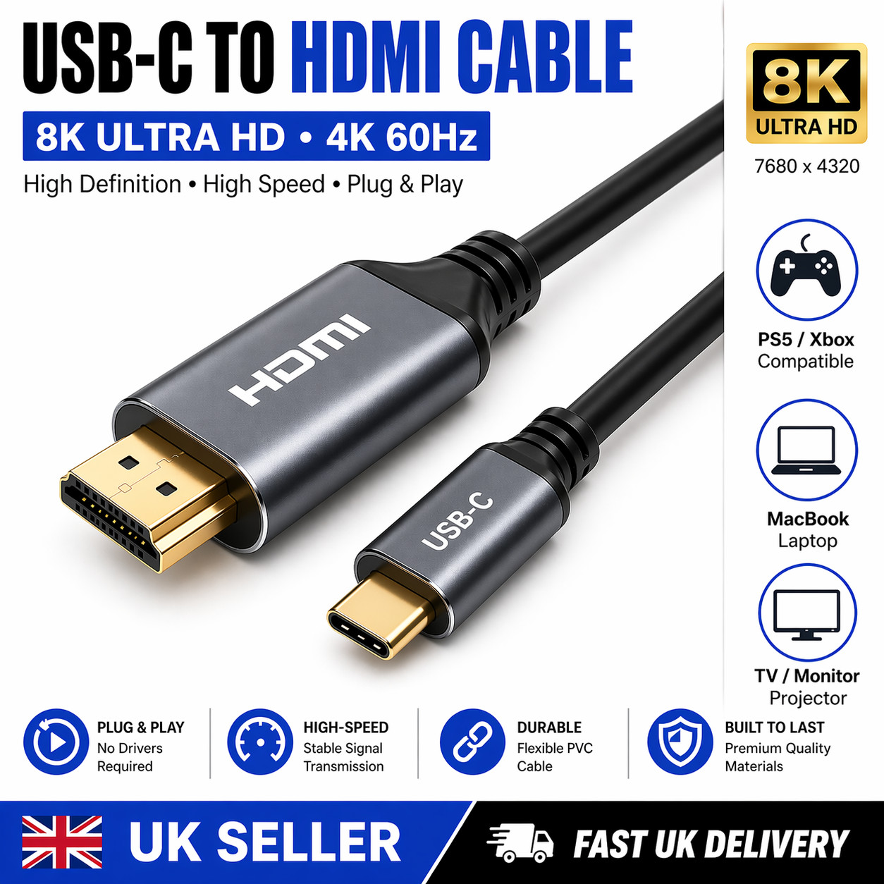 USB C to HDMI Cable 8K 4K 60Hz Type C Adapter MacBook Laptop TV 2m