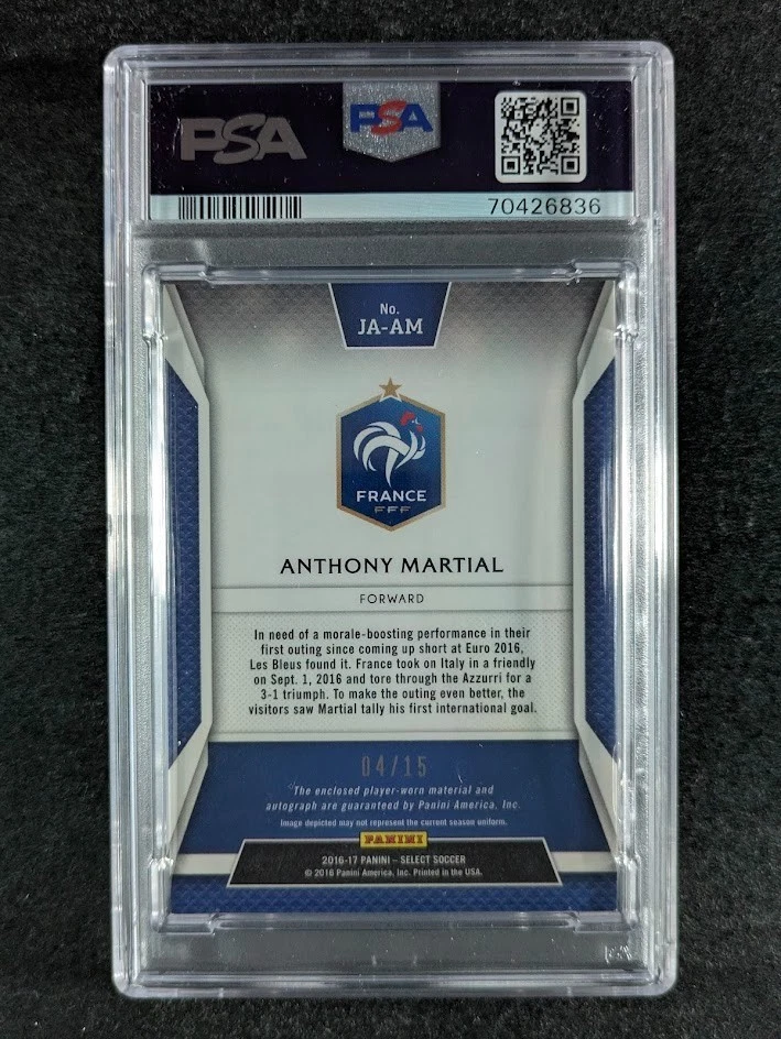 2016-17 Panini Select ANTHONY MARTIAL 4/15 Patch Auto Tie-Dye Prizm SP PSA AUTH - Image 2 of 3