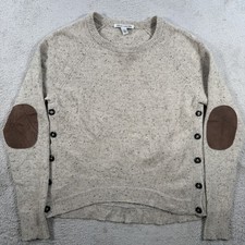 Suéter Otoño Cachemira Mujer Pequeño Beige 100% Moteado Codo Parche Botón Lateral