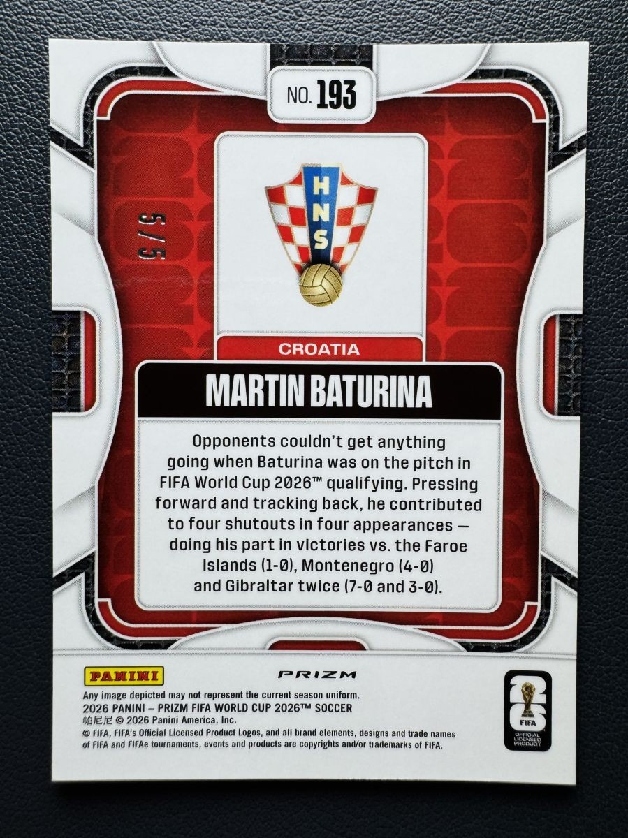 2026 Panini Prizm World Cup Martin Baturina #193 Celestial Lattice Green 5/5=1/1 view 2