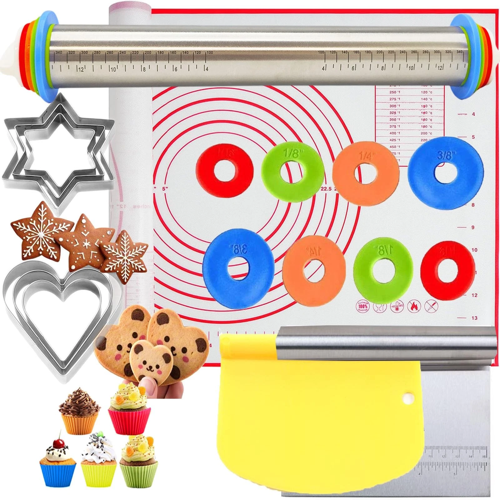 Adjustable Rolling Pin 19 Baking Tool Set and Silicone Baking Pastry Mat Set,...