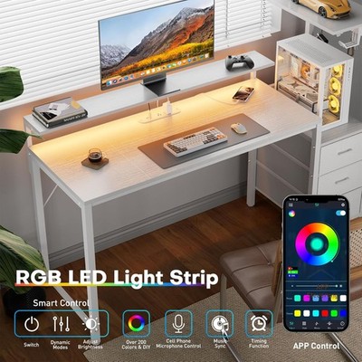 Computer Desk with Led Lights & Outlets, Gaming Table with 3 Drawers & Shelves