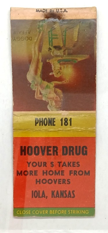 Vintage matchbook cover advertising Hoover Drug in Iola, Kansas FREE SHIPPING