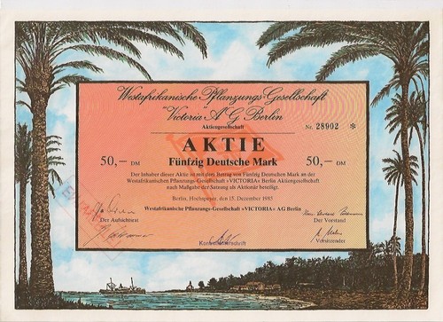 € 1 Westafrika Pflanzung Victoria Berlin Hochspeyer DM Aktie 1985 Afrika Kolonie