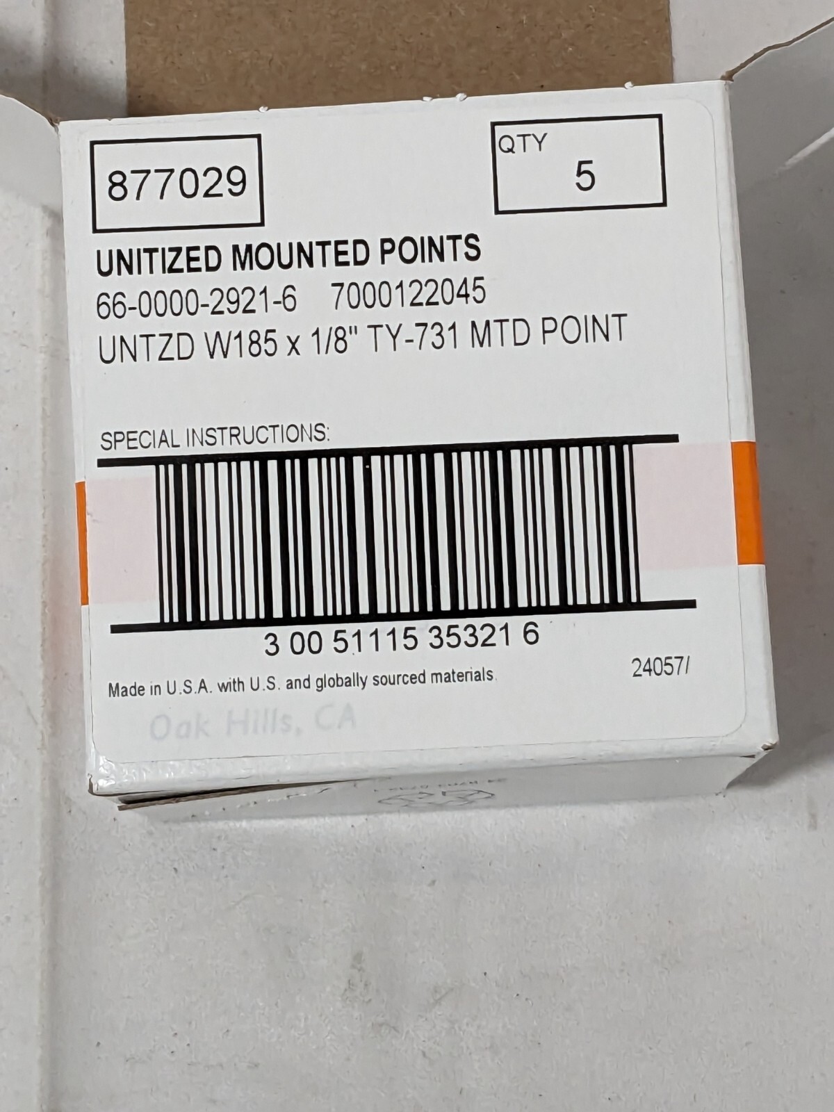 SA Mounted Point: 1/2" Thick, 1/8" Shank Dia, W185 Box of 5 7000122045