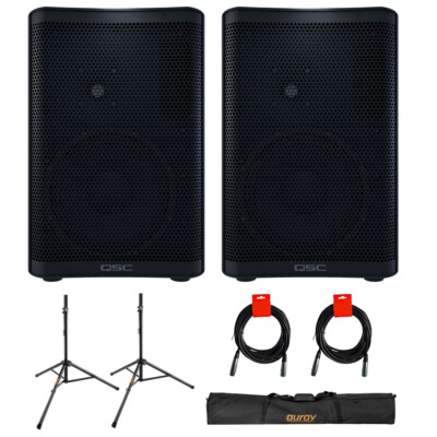QSC CP8 Two-Way 8'' PA System (Pair) w/ Speaker Stand, Case, & 2x XLR Cables