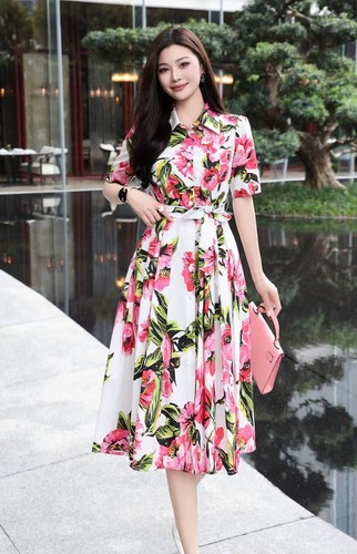 Women's Lapel Short Sleeve Floral Printed Belted Mid Long Shirt Dress A-line New - Bild 15 von 25