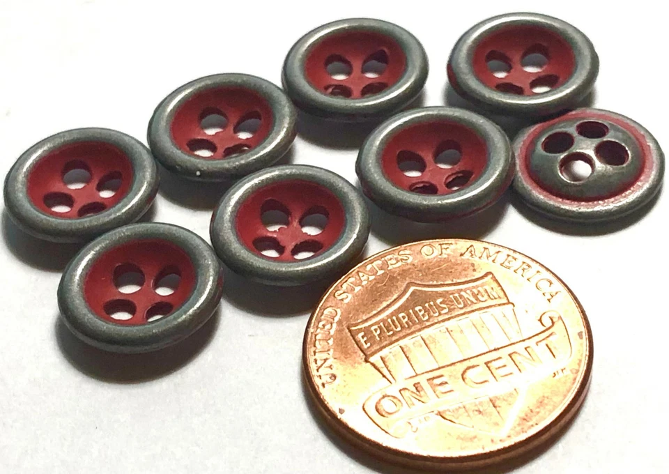 8 Small Gray Tone Metal 4-hole Sew-through Red Paint Buttons 11mm 7/16" 11765 - Image 3 of 3