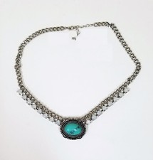 NEW SHINY SILVER+ANTIQUE SILVER CHAIN,RHINESTONE,BLUE TURQUOISE CHARM NECKLACE