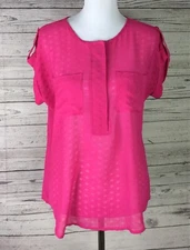 Olive & Oak Women’s Pink Dot Sheer Short Cuffed Sleeve Tunic Button Top Size M