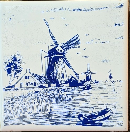 Vintage DELFT Inspired Blue White Tile TRIVET Windmill Holland Brass Tone - Picture 2 of 8