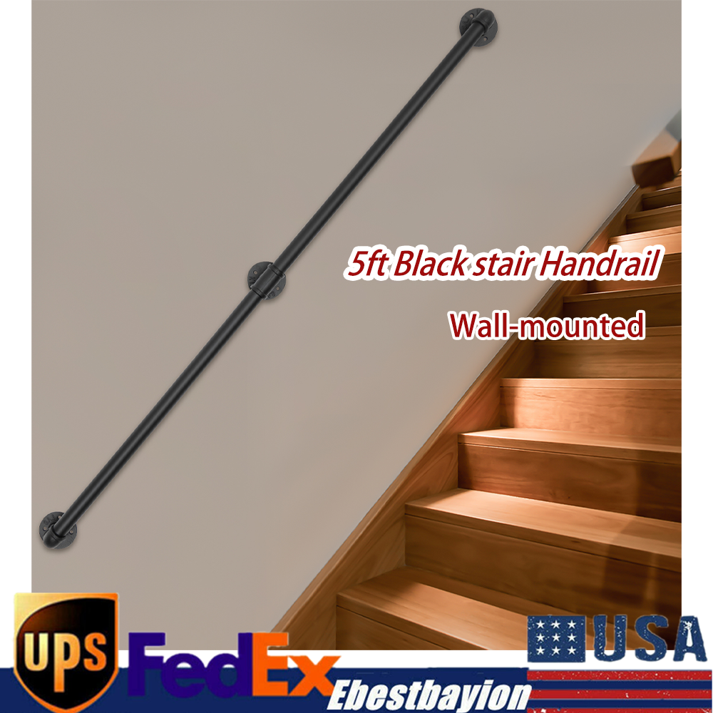 Black Modern 5ft Wall-Mounted Stair Railing for Indoor/Outdoor Use