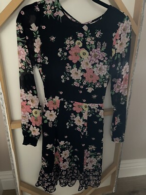 H&M Divided Floral Chiffon Long Sleeve Dress Ruffle Navy Pink Open Back NWT Sz 4