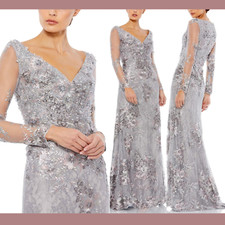 NEW $698 Mac Duggal [ 18 ] Embellished V-Neck Illusion Long Sleeve Gown #Q474