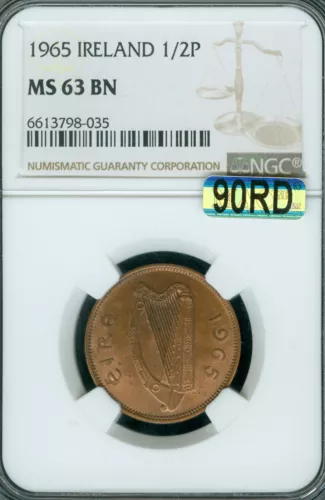 1965 IRELAND HALF PENNY NGC MS63 BN  MAC 90RD 90% RED  *