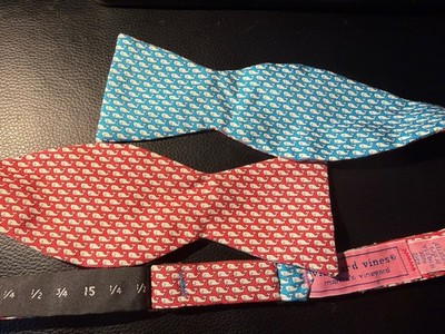 VINEYARD VINES Blue Red Two Tone Whale Print Adjustable Silk Bow Tie EUC