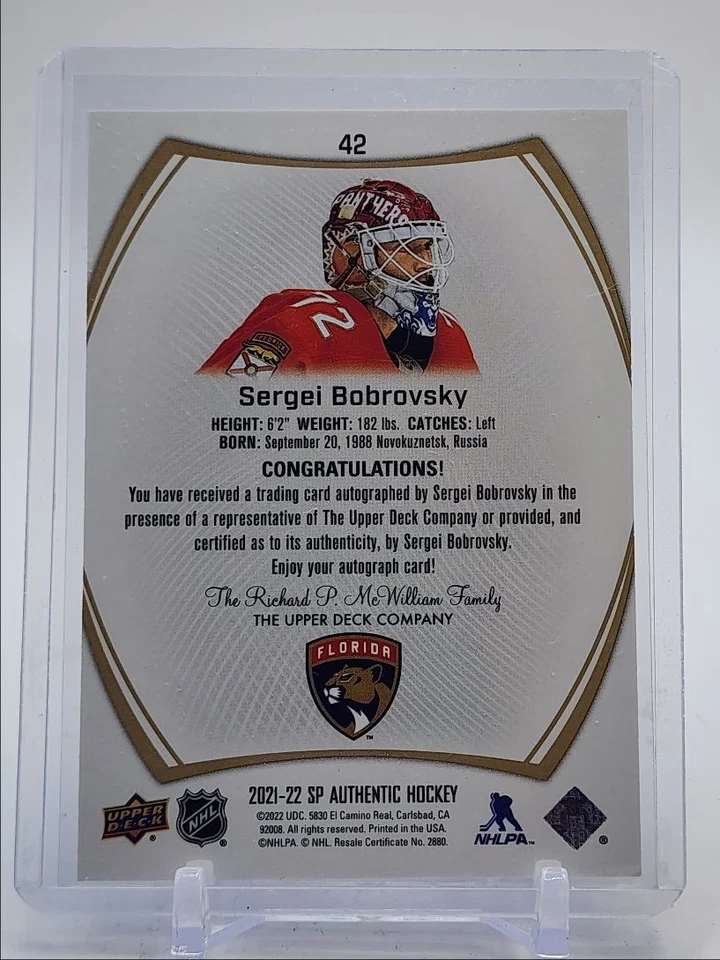 SERGEI BOBROVSKY 2021-22 UD SP AUTHENTIC LIMITED GOLD PANTHERS AUTO Q0848 - Image 2 of 2
