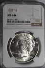 1922 Peace Silve Dollar NGC MS64+ #001
