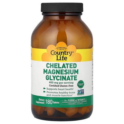 2 X Country Life, Chelated Magnesium Glycinate, 180 Tablets (133 mg per Tablet)