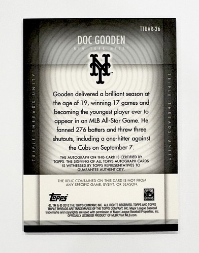 Dwight Doc Gooden 2012 Triple Threads Jersey Relic Auto /99 Mets Autograph - Picture 2 of 2