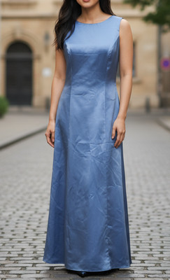 VTG After Six Blue Satin Evening Gown Size 6 Long Dress Back Button Detail USA