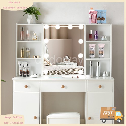 3 Schubladen mit LED Spiegel Schmink Schminktisch Set Schlafzimmer Schminktisch Kommode Hocker - Bild 7 von 10