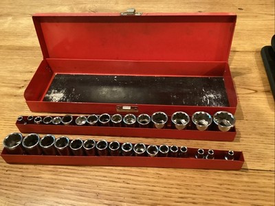 Vtg Thorsen  Sockets With Red Metal Case  33  Sockets 3/8  &  1/2  SAE &Metric