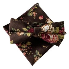 Men Linen Cotton Floral Pre-Tied Bow Tie Pocket Square Wedding Formal Bowtie Set