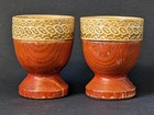 2x VINTAGE EGG CUPS with WOODEN BASES & CERAMIC TOPS