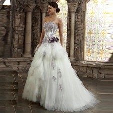 Vintage A Line Wedding Dress Strapless Purple Lace Applique Ruffled Bridal Gowns
