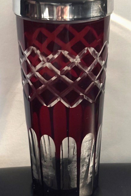 Vintage Mid Century Modern Ruby Red Glass & Chrome Martini / Cocktail Shaker