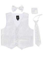 Boys 4 Piece Formal Satin Vest Set Zipper Tie Bowtie Hanky 8 White Paisley